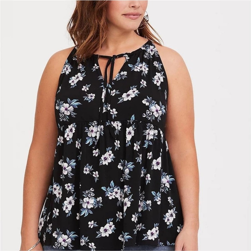 Torrid Black Floral Jersey Knit Babydoll Tank Top